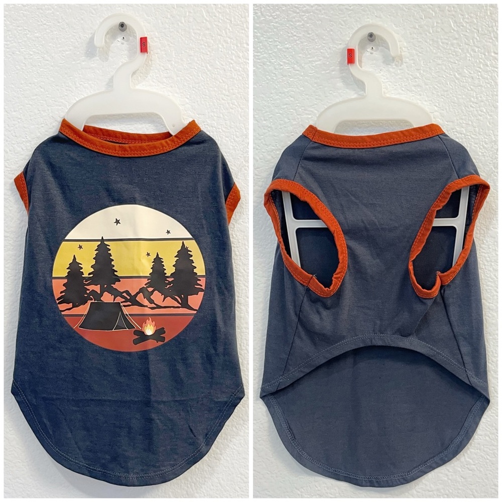 Frisco by Chewy | Dog Camping Graphic Tee | Size Medium, Steel Blue/Rust